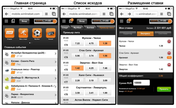 Мобильная версия сайта БК Winline